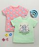 BUMZEE Cotton Pack Of 2 Half Sleeves Baby Elephants Printed Tees - Green & Pink