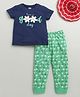 BUMZEE Cotton Knit Half Sleeves Floral Printed Tee & Pyjama Night Suit - Mint Green & Navy