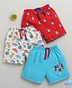 BUMZEE Cotton Knit Pack Of 3  Dinosaur & Balls Printed Shorts  - Blue & Red
