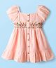 Babyhug Cotton Woven Puffed Sleeves Front Open Frock with Floral Embroidery - Pink