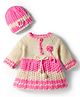 Babyhug Full Raglan Sleeves Crochet Hand-Knit Woollen Dress with Colour Floral Applique Block Design & Cap - Pink