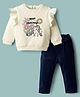 ToffyHouse 100% Cotton Knit Full Sleeves Top & Lounge Pants Set With Unicorn Print & Frill Detailing - Navy Blue & Cream
