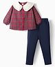 ToffyHouse 100% Cotton Woven Yarn Dyed Checkered Peter Pan Collared Top & Lounge Pants Set - Dark Red