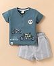 CUCUMBER Sinker Knit Half Sleeves Henley Neck T-Shirt & Shorts Set with Vehicle Print - Teal Blue