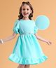 Hola Bonita Knit Half Puffed Sleeves Solid Color Dress with Belt - Aqua Blue