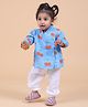 Mama & Peaches 100% Cotton Muslin Full Sleeves Cherry Printed Angrakha Style Kurta & Salwar Set - Blue