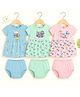 KUCHIPOO Cotton Blend Pack Of 3 Half Sleeves Floral & Baby Animals Printed Dresses With Bloomers - Pink Blue & Green