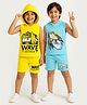 KUCHIPOO Cotton Blend Pack Of 2 Sleeveless Beach Theme & Skate Board Printed Hooded Tees & Coordinating Shorts Set - Blue & Yellow