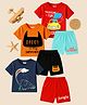 KUCHIPOO Cotton Blend Pack Of 3 Half Sleeves Baby Animals & Typography Printed Coordinating Tees & Shorts Set - Navy Blue Black Orange Red & Sky Blue