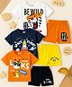 KUCHIPOO Cotton Blend Pack Of 3 Half Sleeves Baby Animals & Space Theme Printed Tees & Shorts Set - Orange Black White Yellow & Navy Blue