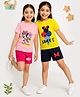 KUCHIPOO Cotton Blend Pack Of 2 Disney Mickey & Friends Featuring Half Sleeves Minnie Mouse & Daisy Duck Printed Coordinating Tees & Shorts Set - Yellow Pink Navy Blue & Magenta