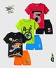 KUCHIPOO Cotton Blend Pack Of 3 Half Sleeves Space Theme & Motorcycle Printed Tees & Coordinating Shorts Set - Black Green Red Orange & Blue