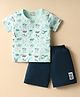 CUCUMBER Sinker Knit Half Sleeves Shorts Night Wear With Aeroplane Print - Light Blue