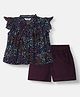 Nauti Nati Cotton Rayon Frill Sleeves Floral Printed Top & Shorts Set - Navy Blue