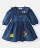 Nauti Nati Denim Full Puffed Sleeves Floral Embroidered Dress - Navy Blue