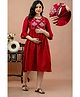 CeleBravo Cotton Blend Three Fourth Bell Sleeves Floral Embroidered Maternity Dress With Nursing Access - Maroon