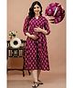 CeleBravo Cotton Three Fourth Sleeves Floral Motifs Printed Maternity Dress With Nursing Access - Wine
