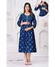CeleBravo Three Fourth Sleeves Floral Printed Lace Embellished Maternity Dress With Concealed Zipper Nursing Access - Teal Blue