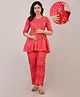 CeleBravo Cotton Three Fourth Sleeves Chevron Printed Coordinating Maternity Kurta With Nursing Access & Pant Set - Pink