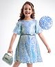 Hola Bonita Knit Half Sleeves Party Dress with Sequin Detailing & Belt - Light Blue