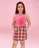 Cutecumber Sleeveless Floral 3D Embellished Top With Checkerd Skirt Set - Coral Pink