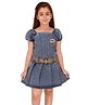 Cutecumber Half Puffed Sleeves Patch Detailed Denim Pleated Dress With Belt - Blue