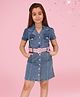 Cutecumber Half Sleeves Pocket Detailed & Embroidered Denim Shirt Dress With Belt - Blue