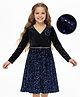 Hola Bonita Knit Full Sleeves Velvet Sequin Party Dress With Floral Applique & Belt - Navy Blue