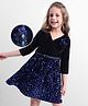 Hola Bonita Knit Full Sleeves Velvet Sequin Party Dress With Floral Applique & Belt - Navy Blue