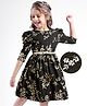 Hola Bonita Woven Three Fourth Sleeves Party Dress With Floral Foil Print & Belt - Black