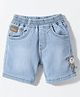 Little Kangaroos Knee Length Solid Denim Shorts With Animal Applique - Blue