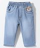 Little Kangaroos Full Length Solid Knitted Denim Jeans With Adjustable Elastic & Bear Patch - Blue