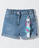 Little Kangaroos Woven Knee Length Solid Denim Shorts With Adjustable Elastic & Applique - Light Blue
