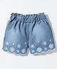 Little Kangaroos Woven Knee Length Denim Shorts With Floral Embroidery & Adjustable Elastic - Light Blue