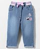 Little Kangaroos Woven Full Length Denim Jeans With Adjustable Elastic & Patch Detailing - Light Blue