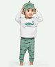 Ariel Pure Cotton Full Sleeves Chameleons Patch Detailed Tee With Pajama & Cap Set - Green & Grey