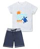 Etched Design 100% Cotton Half Sleeves Surf Text Printed Tee & Shorts Set - White & Blue