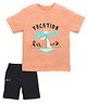 Etched Design 100% Cotton Half Sleeves Vacation Text Printed Tee & Shorts Set - Peach & Black