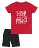 Etched Design 100% Cotton Half Sleeves Biker Power Text Printed Tee & Shorts Set - Red & Black