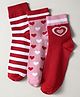 Pine Kids Knit Ankle Length Silvadur Antimicrobial Socks with Strips & Heart Design Pack of 3 - Red & Pink