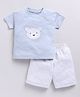BABY GO Cotton Half Raglan Sleeves Bear Patch Embroidered Tee & Shorts Set - Light Blue