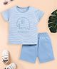 BABY GO Cotton Half Sleeves Elephant Embroidered Striped Tee & Shorts Set - Sky Blue
