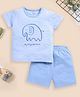 BABY GO Cotton Half Sleeves Elephant Embroidered Striped Tee & Shorts Set - Sky Blue