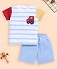 BABY GO Cotton Half Sleeves Tractor Embroidered Striped Tee & Shorts Set - Sky Blue