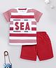 BABY GO Cotton Half Sleeves Sea Text Printed Striped Tee & Shorts Set - Dark Red