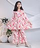 misbis Cotton Three Fourth Sleeves Floral Printed Top With Coordinating Pant Set - Red