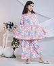 misbis Cotton Three Fourth Sleeves Floral Printed Top With Coordinating Pant Set - Peach