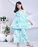 misbis Cotton Three Fourth Sleeves Floral Printed Top With Coordinating Pant Set - Sky Blue