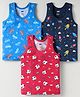 Simply Sinker Knit Sleeveless Vests With Cars Space & Football Print Pack Of 3 - Navy Blue Red & Light Blue