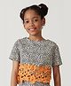 One Friday Viscose Half Sleeves Leopard Printed Floral Lace Detailed Crop Top - Multi Colour